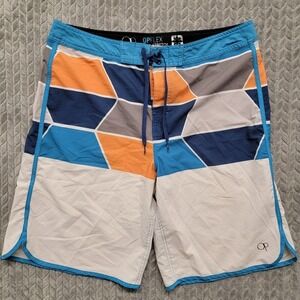 OP OPFlex‎ Board Shorts Mens Size 34 White Blue Trim Ocean Pacific Geometric